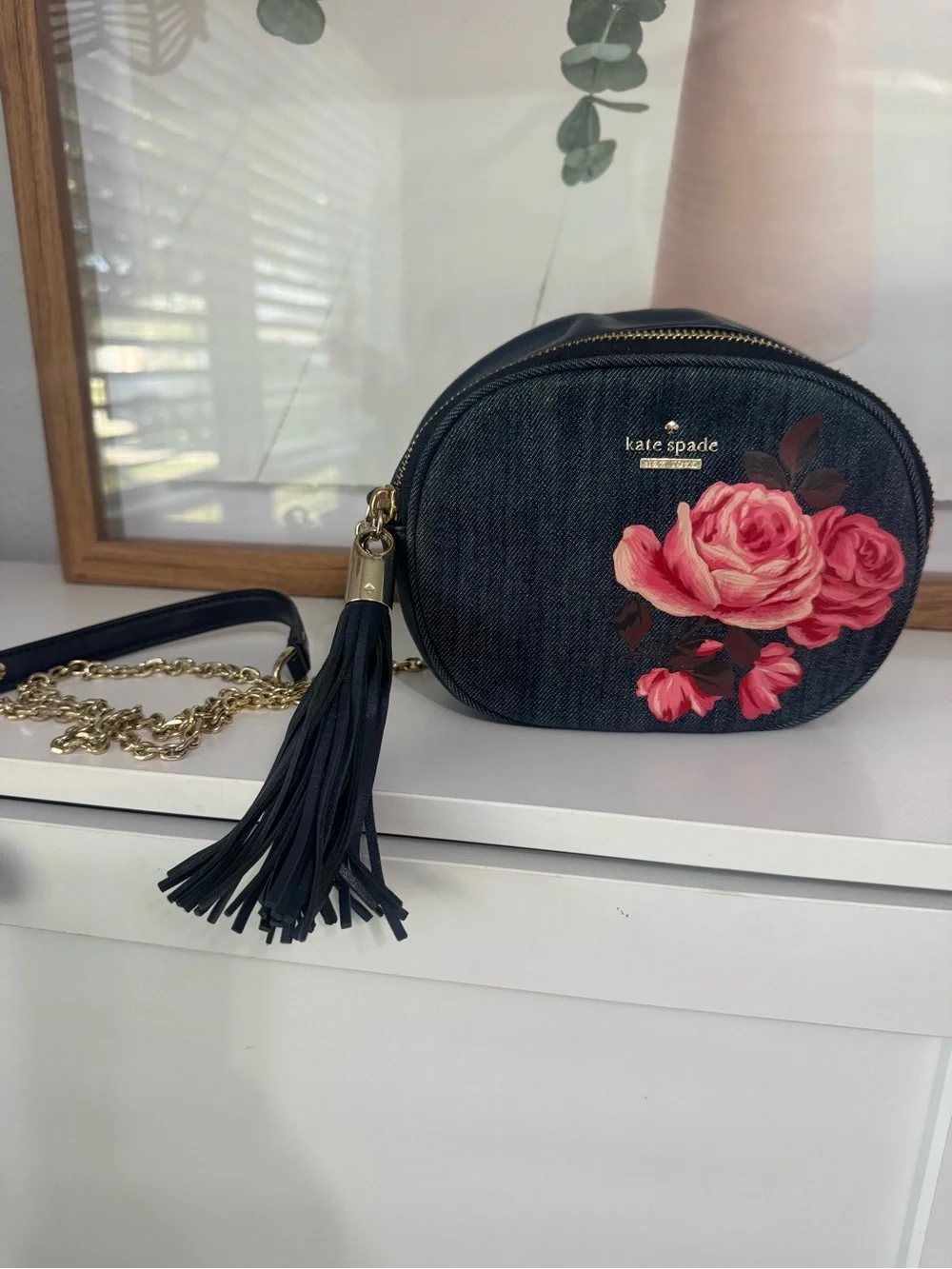 kate spade Black Denim Crossbody with Pink Floral Print and Tassel